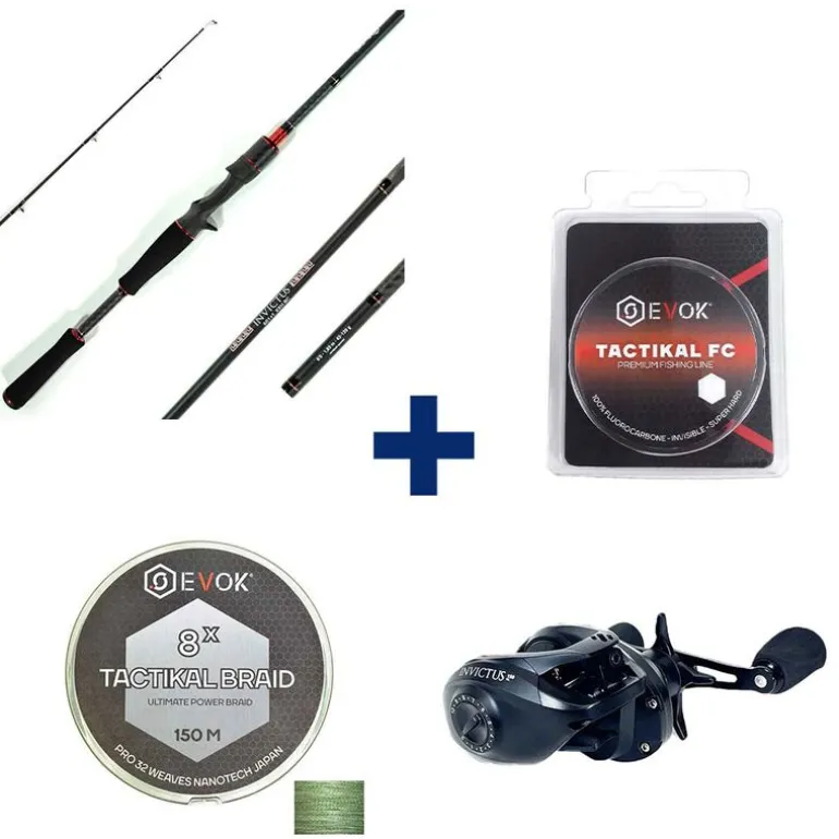 Pack Canne Evok Invictus V2 1.83m, 42-120g + Moulinet Invictus 150HL + Tresse + Fluorocarbone