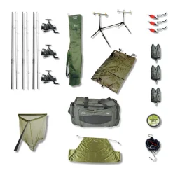 Pack Carpe Complet 3 Combos + Detecteurs + Rod pod + Epuisette + Tapis + Peson + Sac de pesée + Carryall + Nylon
